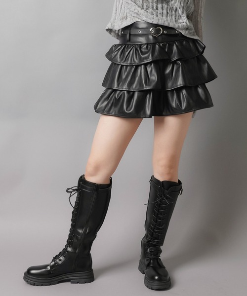 SPINNS（スピンズ）の「盛れシルエット確定★ベルト付きティアードレザーミニスカート（スカート・レディース・ブラウン/ブラック・M/S）」の8枚目の写真