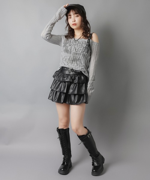 SPINNS（スピンズ）の「盛れシルエット確定★ベルト付きティアードレザーミニスカート（スカート・レディース・ブラウン/ブラック・M/S）」の9枚目の写真