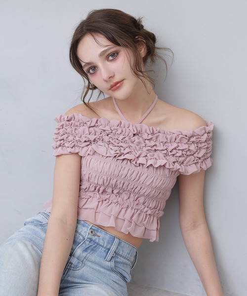 Seemi. byNICECLAUP（ シーミーバイナイスクラップ）の「【Seemi.】シャーリングビスチェ（シャツ/ブラウス・レディース・ブラック/ピンク/チェック・FREE）」の2枚目の写真