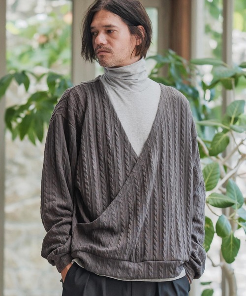 CAMBIO（カンビオ）の「mlt5427-Cable Knit sew Cachecoeur Pullover　カシュクールプルオーバー(A56925cmb)（Tシャツ/カットソー・メンズ・ブラウン/チャコール/ブラック・S/M/L）」の10枚目の写真
