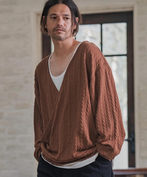 CAMBIO（カンビオ）の「mlt5427-Cable Knit sew Cachecoeur Pullover　カシュクールプルオーバー(A56925cmb)（Tシャツ/カットソー・メンズ・ブラウン/チャコール/ブラック・S/M/L）」の16枚目の写真