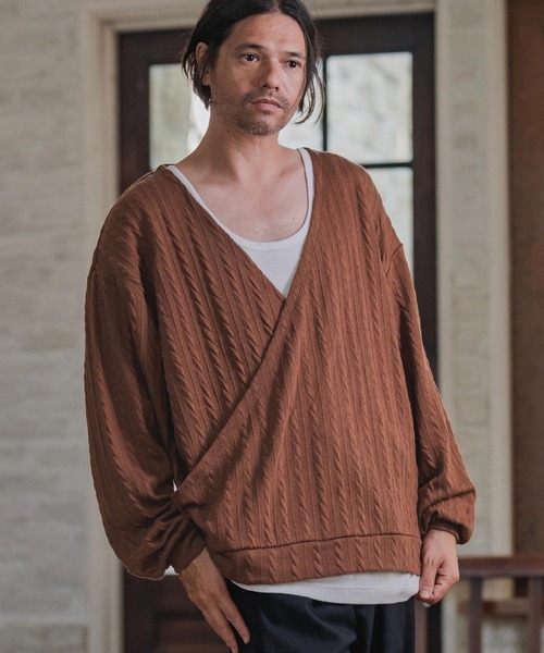 CAMBIO（カンビオ）の「mlt5427-Cable Knit sew Cachecoeur Pullover　カシュクールプルオーバー(A56925cmb)（Tシャツ/カットソー・メンズ・ブラウン/チャコール/ブラック・S/M/L）」の17枚目の写真