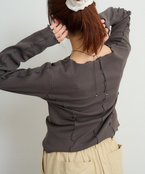 w closet(ダブルクローゼット)の「刺繍メロウリブトップス(Tシャツ/カットソー・レディース・ブラウン/アイボリー/チャコールグレー/グリーン・FREE)」の14枚目の写真