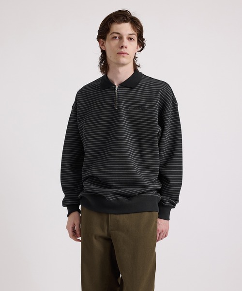 Saturdays NYC(サタデーズ ニューヨークシティ )の「Ryo Stripe Half Zip Polo Sweatshirt(Tシャツ/カットソー・メンズ・ブラック/ワイン・L/M/S/XL)」の2枚目の写真