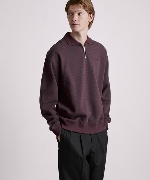 Saturdays NYC(サタデーズ ニューヨークシティ )の「Ryo Stripe Half Zip Polo Sweatshirt(Tシャツ/カットソー・メンズ・ブラック/ワイン・L/M/S/XL)」の8枚目の写真