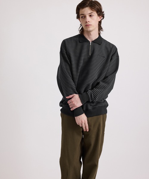 Saturdays NYC(サタデーズ ニューヨークシティ )の「Ryo Stripe Half Zip Polo Sweatshirt(Tシャツ/カットソー・メンズ・ブラック/ワイン・L/M/S/XL)」の3枚目の写真