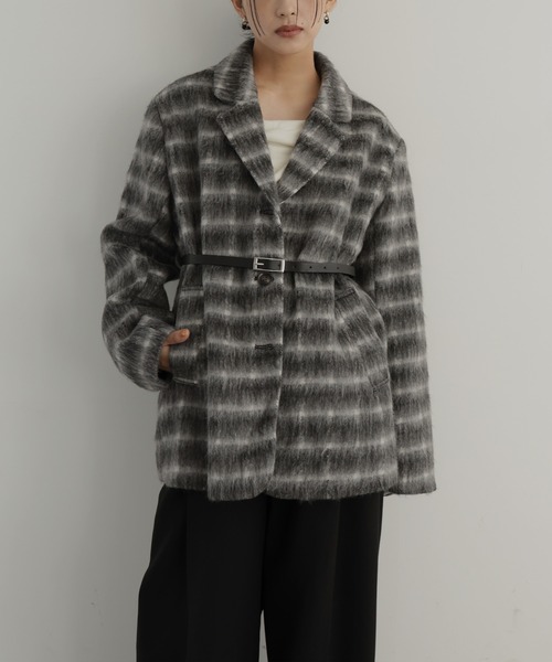 ベルト付きシャギーチェックジャケット（テーラードジャケット