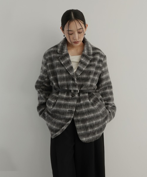ベルト付きシャギーチェックジャケット（テーラードジャケット