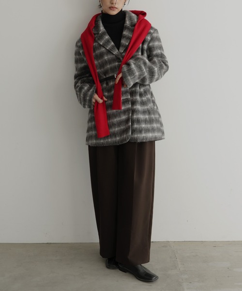 セール】ベルト付きシャギーチェックジャケット（テーラードジャケット