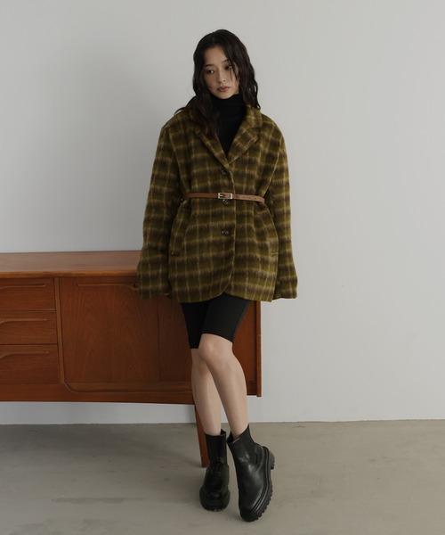 ベルト付きシャギーチェックジャケット（テーラードジャケット