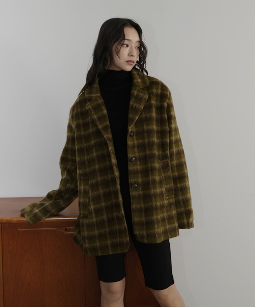 セール】ベルト付きシャギーチェックジャケット（テーラードジャケット