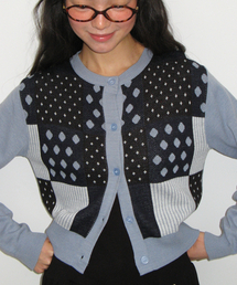 DOT STRIPE MIX KNIT CARDIGAN SOFT BLUE