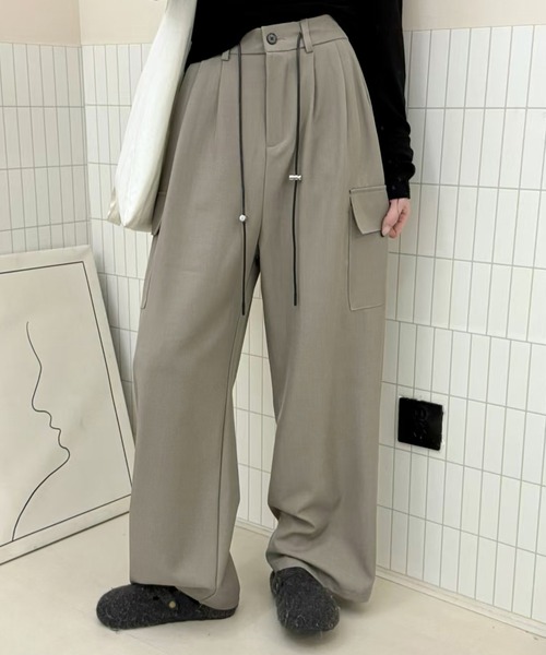 ドローコードウエスト調節可/バックゴム】カーゴ風ルーズタックツイル