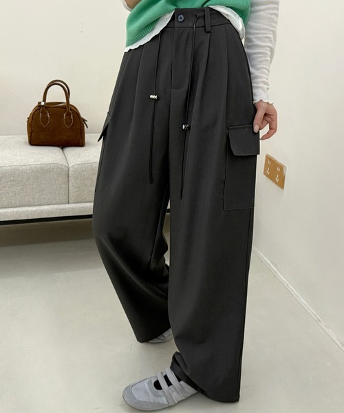 ドローコードウエスト調節可/バックゴム】カーゴ風ルーズタックツイル