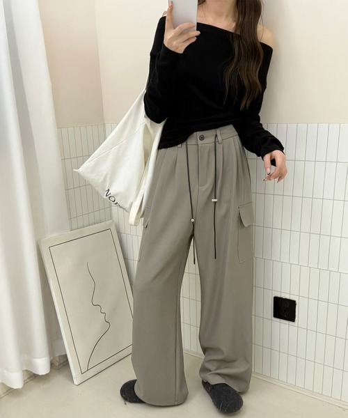 ドローコードウエスト調節可/バックゴム】カーゴ風ルーズタックツイル