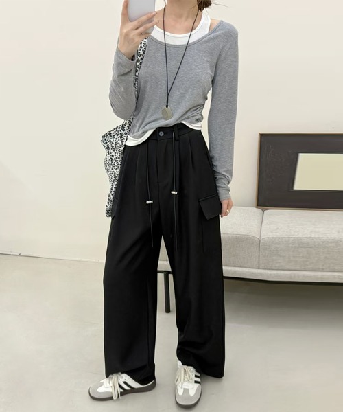 ドローコードウエスト調節可/バックゴム】カーゴ風ルーズタックツイル