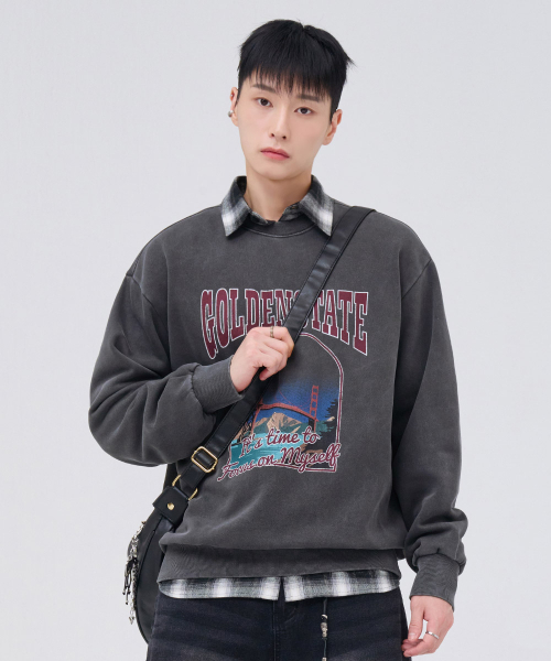 CHASECULT（チェイスカルト）の「男性 裏起毛 ピグメント グラフィック スウェットシャツ - チャコール（スウェット・メンズ・チャコールグレー・100/110/95/105）」の4枚目の写真