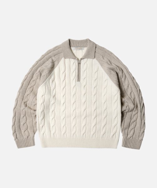 WOOL CABLE RAGLAN HALF ZIP KNIT — вязаный свитер с рельефной косой и половинной молнией (овсяный)