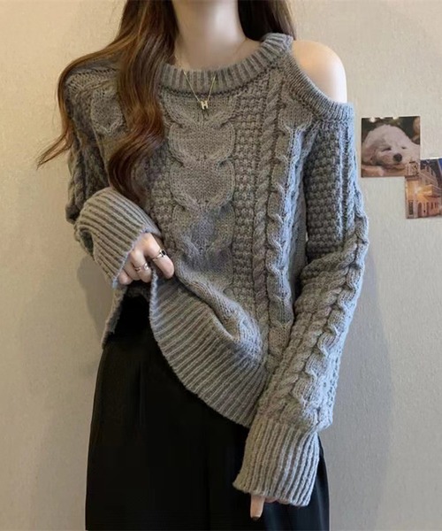 STYLEBLOCK（スタイルブロック）の「オープンショルダーケーブルニット（ニット/セーター・レディース・グレー/ベージュ系その他/ブラック・FREE）」の2枚目の写真