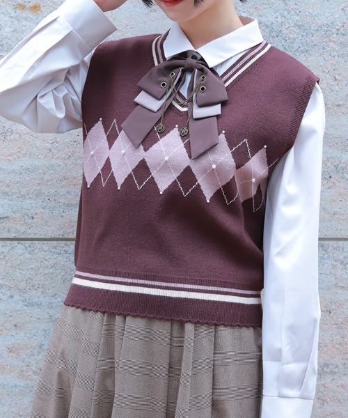 axes femme（アクシーズファム）の「パール付アーガイルベスト（ニット/セーター・レディース・キナリ/ダークブラウン/ブラック・FREE）」の3枚目の写真