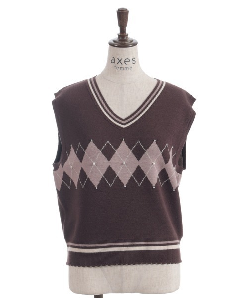 axes femme（アクシーズファム）の「パール付アーガイルベスト（ニット/セーター・レディース・キナリ/ダークブラウン/ブラック・FREE）」の8枚目の写真