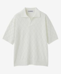 コットンダイヤモンドオープンカラー半袖ニット_アイボリー