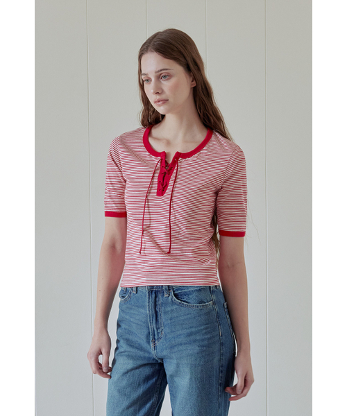 AFTERHOURS(アフターアワーズ)の「STRIPE LACE-UP TOP (RED)(Tシャツ/カットソー・レディース・その他・FREE)」の1枚目の写真