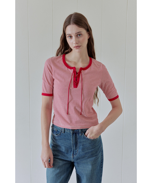 AFTERHOURS(アフターアワーズ)の「STRIPE LACE-UP TOP (RED)(Tシャツ/カットソー・レディース・その他・FREE)」の2枚目の写真
