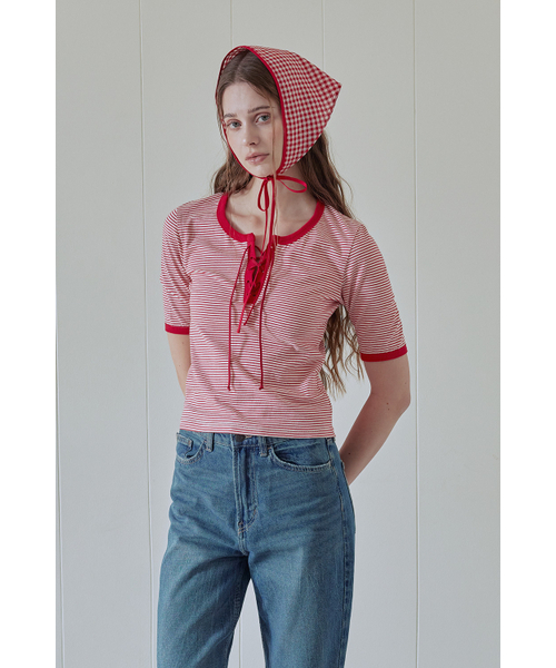 AFTERHOURS(アフターアワーズ)の「STRIPE LACE-UP TOP (RED)(Tシャツ/カットソー・レディース・その他・FREE)」の4枚目の写真