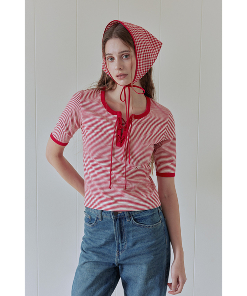 AFTERHOURS(アフターアワーズ)の「STRIPE LACE-UP TOP (RED)(Tシャツ/カットソー・レディース・その他・FREE)」の5枚目の写真