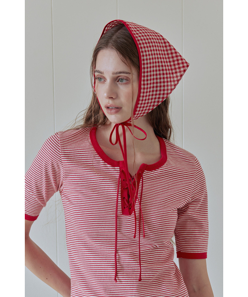 AFTERHOURS(アフターアワーズ)の「STRIPE LACE-UP TOP (RED)(Tシャツ/カットソー・レディース・その他・FREE)」の6枚目の写真