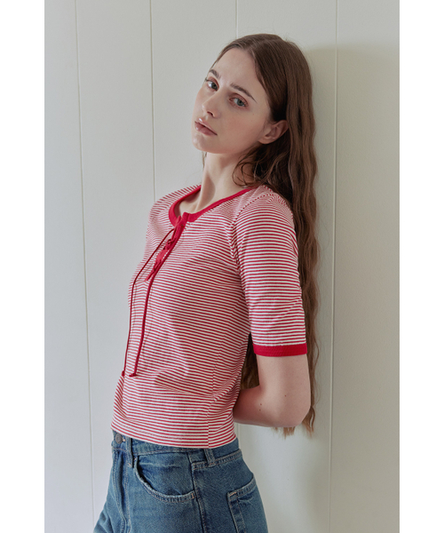 AFTERHOURS(アフターアワーズ)の「STRIPE LACE-UP TOP (RED)(Tシャツ/カットソー・レディース・その他・FREE)」の7枚目の写真