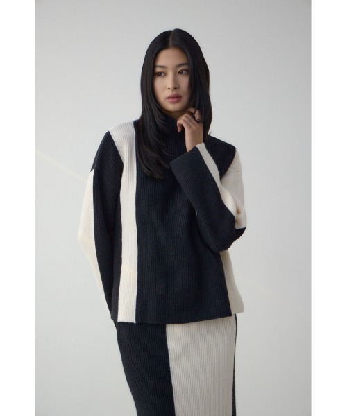 AZUL by moussy(アズールバイマウジー)の「バイカラーハイネックニットトップス(ニット/セーター・レディース・ブラック/モカ/グレー・FREE)」の6枚目の写真