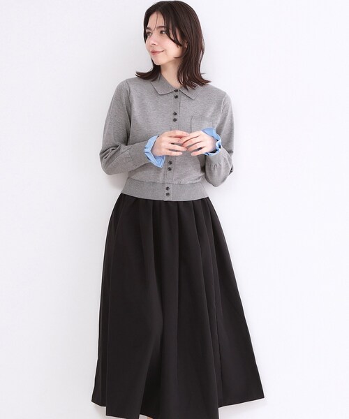 OPAQUE.CLIP(オペークドットクリップ)の「ポロ襟ニットドッキングフレアワンピース【洗濯機OK】(ワンピース・レディース・ネイビー系4/グレー系4・36/40/38)」の4枚目の写真