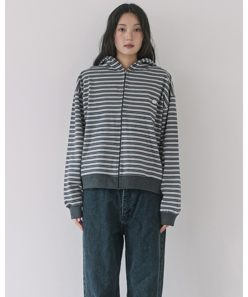 WP STRIPE THIN ZIP UP HOOD — угольно‑серая худи с молнией