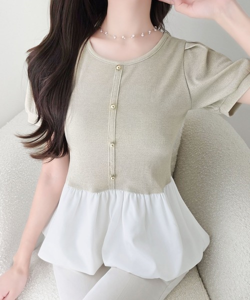 mily bilet(ミウィビレット)の「【mily bilet】きゅんとする華奢見えシルエット。袖タックラメ混テレコリブ×異素材バルーントップス(半袖)(Tシャツ/カットソー・レディース・ピンク/アイボリー/ブラック・LARGE/MEDIUM/SMALL/X-LARGE)」の12枚目の写真