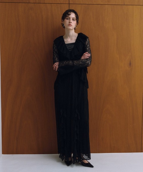 ラッフルレースガウンレイヤードドレス / ruffle lace gown layered