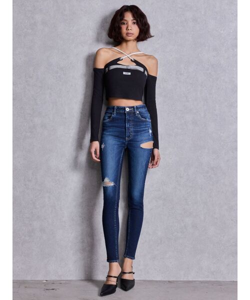 GYDA（ジェイダ）の「ハイウエストSIDE RIPPED スキニーデニムパンツ（デニムパンツ・レディース・インディゴブルー/ブルー・MEDIUM/SMALL/X-SMALL）」の4枚目の写真