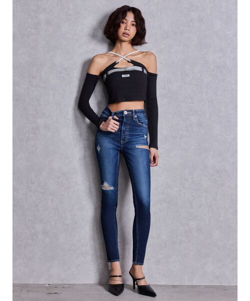 GYDA（ジェイダ）の「ハイウエストSIDE RIPPED スキニーデニムパンツ（デニムパンツ・レディース・インディゴブルー/ブルー・MEDIUM/SMALL/X-SMALL）」の5枚目の写真