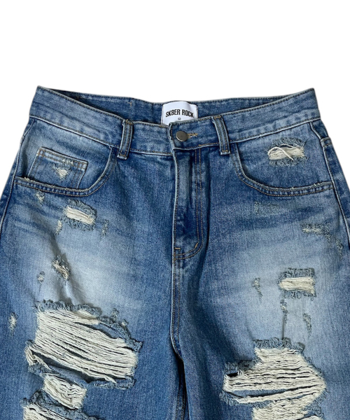 SK8ER ROCK(スケーターロック)の「Destroyed Denim Cropped Wide Pants ((blue))(デニムパンツ・レディース・その他・SMALL/LARGE/MEDIUM)」の3枚目の写真