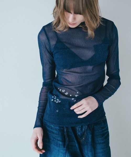 soduk（スドーク）の「【soduk】denim pocket mesh t-shirt（Tシャツ/カットソー・レディース・インディゴブルー/ブラック・ONE SIZE）」の3枚目の写真