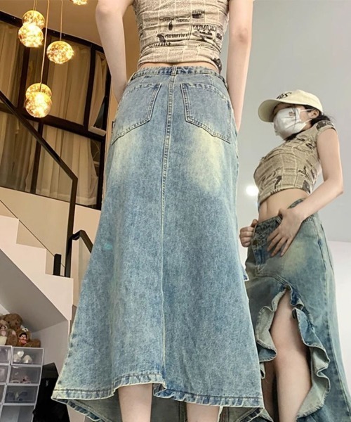 Teem Store(チームストア)の「スリットフリルマーメイドデニムスカート(デニムスカート・レディース・ブルー・L/M)」の4枚目の写真