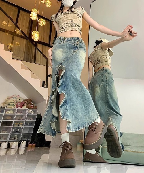 Teem Store(チームストア)の「スリットフリルマーメイドデニムスカート(デニムスカート・レディース・ブルー・L/M)」の7枚目の写真