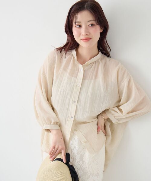 le.coeur blanc（ルクールブラン）の「《WEB限定アイテム》バンドカラーガーゼブラウス（シャツ/ブラウス・レディース・オフホワイト/ベージュ/グリーン/ネイビー・38）」の3枚目の写真