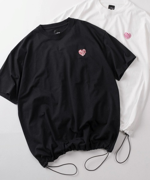 SlashDate（スラッシュデイト）の「【85】別注 ワンポイント ハートロゴ刺繍 フロッキーワッペン クルーネックTシャツ/ドローコード/ユニセックス/レディース/メンズ/新柄追加【Sサイズ～Lサイズ】（Tシャツ/カットソー・レディース・ブラック系3/ブラック系1/ブラック系/ホワイト系2/ホワイト系1/ホワイト系/ブラック系2/ホワイト系3/ホワイト系5/ライトグレー系/ホワイト系4/ブラック系4・S/L/M）」の11枚目の写真