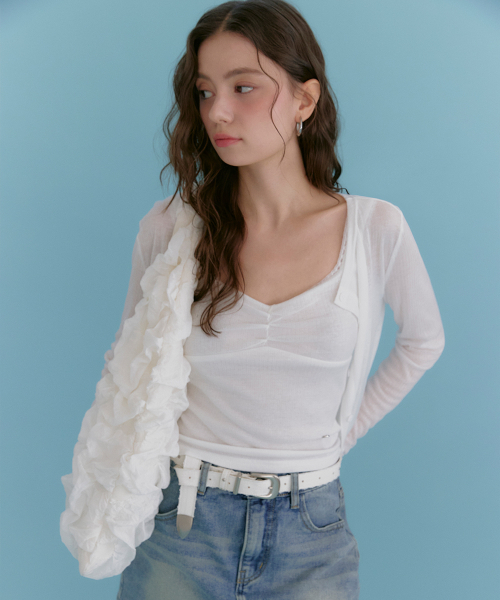 MICANE(ミケーネ)の「セリカーディガン-レースツイストスリーブレスセットアップ(Tシャツ/カットソー・レディース・ブラック/アイボリー/ライトグレー・SMALL/MEDIUM/LARGE/X-LARGE)」の5枚目の写真
