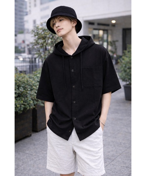 Bling Leads(ブリングリーズ)の「【Bls】 【ZM】【Bling Leads】梨地フーディボタンシャツ(シャツ/ブラウス・メンズ・チャコール/ブラック/グレー系その他/オフホワイト・FREE)」の3枚目の写真