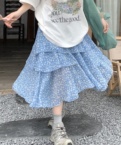 Lis ardent(リスアルダン)の「小花柄ティアードスカート/フリルシフォンスカート / 韓国ガーリー / フェミニン(スカート・レディース・ブルー・M)」の11枚目の写真