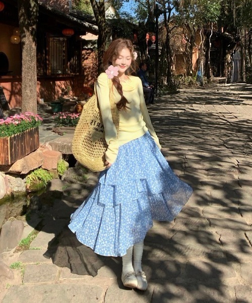 Lis ardent(リスアルダン)の「小花柄ティアードスカート/フリルシフォンスカート / 韓国ガーリー / フェミニン(スカート・レディース・ブルー・M)」の20枚目の写真