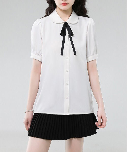 LUCPY(ラクピー)の「リボンタイ付きラウンドカラーブラウス(シャツ/ブラウス・レディース・ブルー/ホワイト・X-LARGE/LARGE/MEDIUM/SMALL)」の1枚目の写真